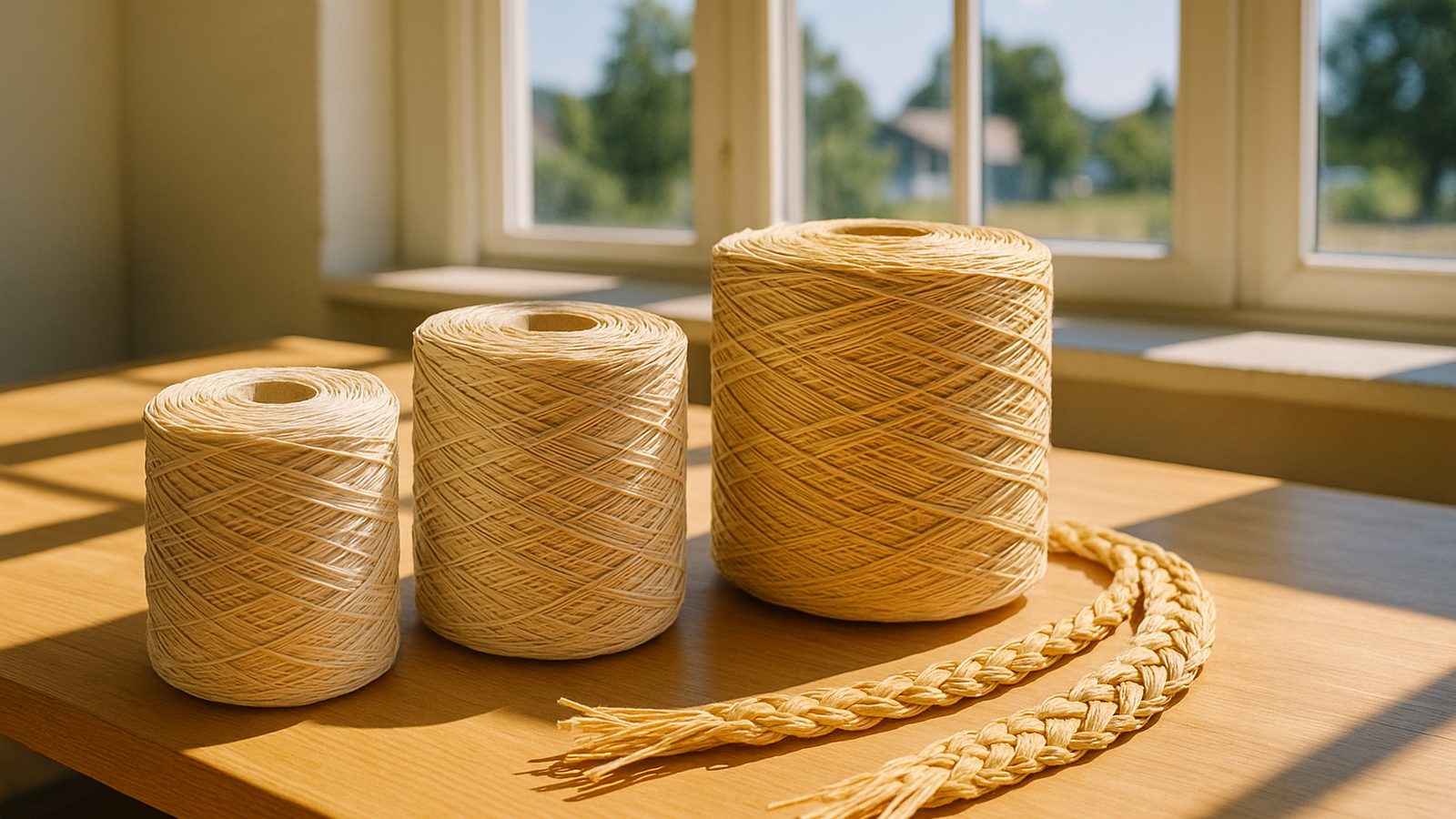 Three spools of paper yarn in graduated thickness on a bright sunlit workbench.