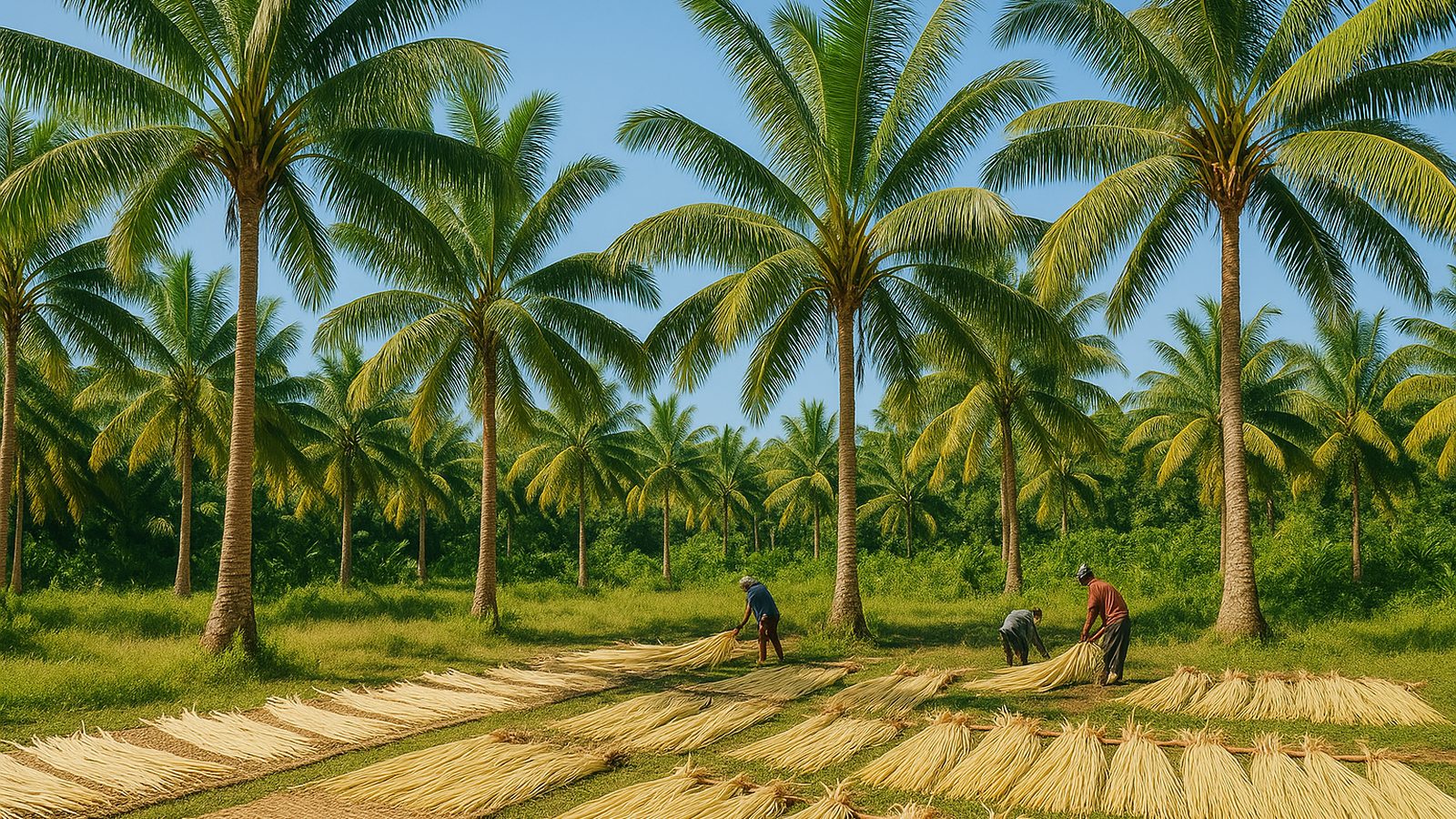 Cooperative members tending sun-drying raffia leaves in an eastern Madagascar palm grove at dawn.