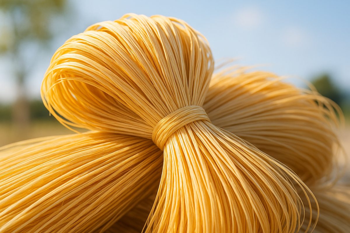 A close-up of premium graded golden raffia fibre in bright sunlight, every strand crisp.