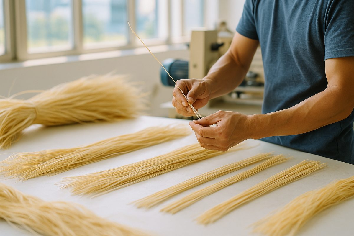 Skilled hands grading raffia strands on a bright workbench in our Wenling workshop.