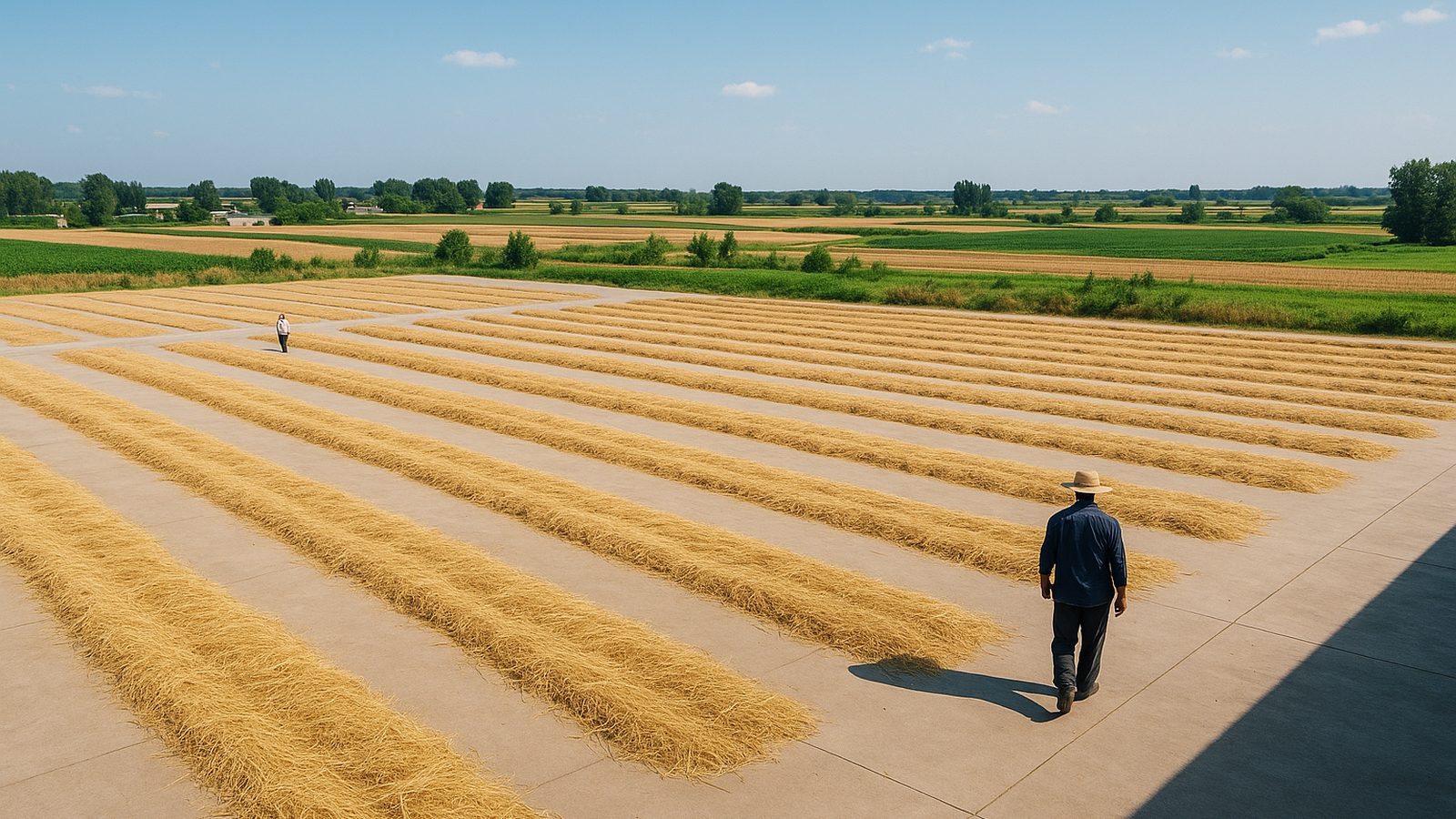 Rows of harvested wheat straw spread across a sunny rural yard in northern China, drying in bright summer daylight.
