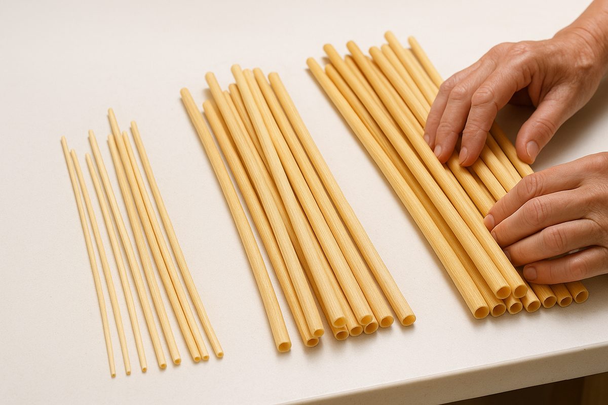Graded wheat straw stems arranged by diameter and length on a bright workshop table before braiding.